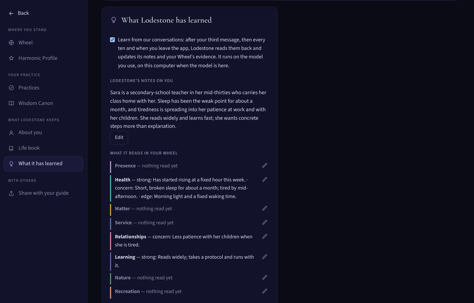 What Lodestone has learned: its notes on the person and what it reads in each pillar, each line editable