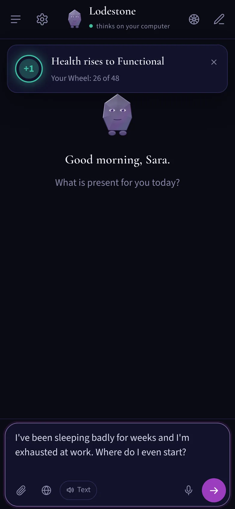 A phone showing the confirmation: Health rises to Functional
