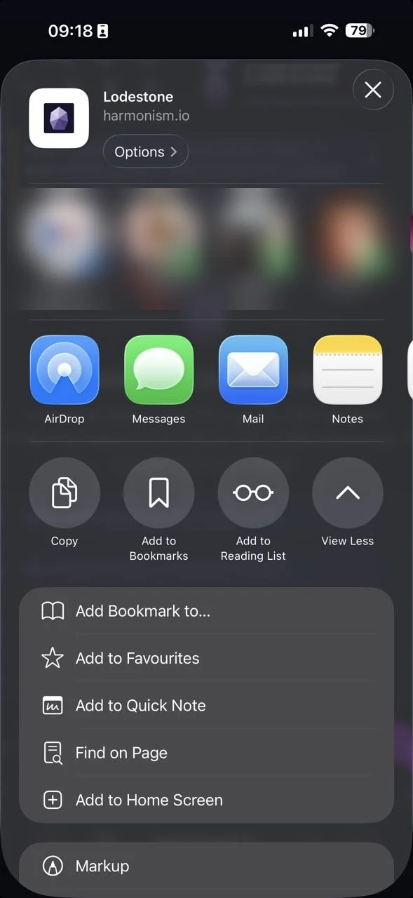The share sheet's full list, with Add to Home Screen